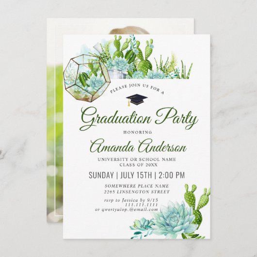 Watercolor Cactus Eucalyptus FOTO Abschluss Einladung (Vorne/Hinten)