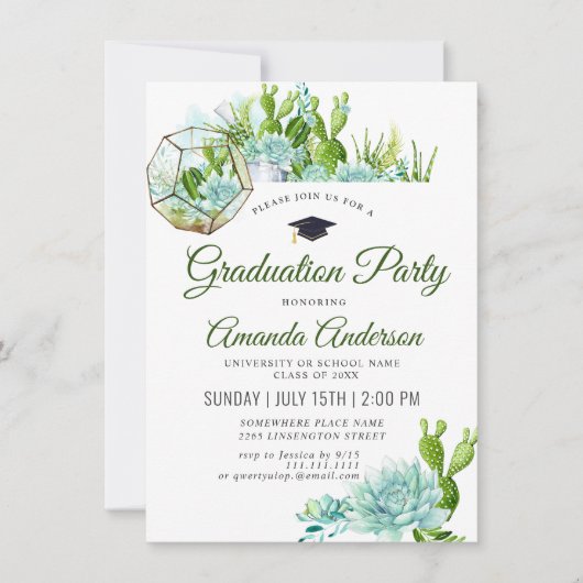 Watercolor Cactus Eucalyptus FOTO Abschluss Einladung (Vorderseite)