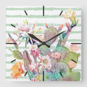 Watercolor cactus, floral and stripes design quadratische wanduhr