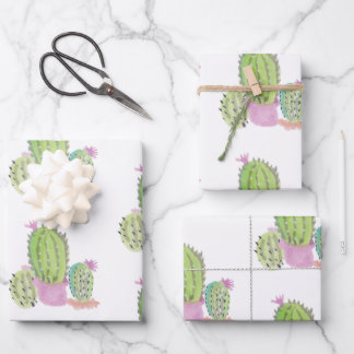 Watercolor Cactus Plant Green Pink Geschenkpapier Set