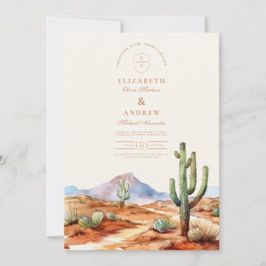 Watercolor Cactus Wüste Landscape Wedding Einladung (Vorderseite)
