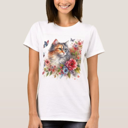 Watercolor Calico Cat Ladys T-Shirt (Vorderseite)