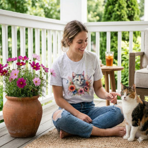Watercolor Calico-Katze & Cosmo-Blumen   Garten-Ge T-Shirt