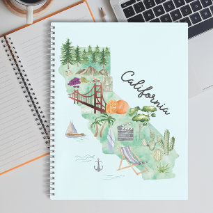Watercolor California Staat Art Map Travel Journal Notizblock