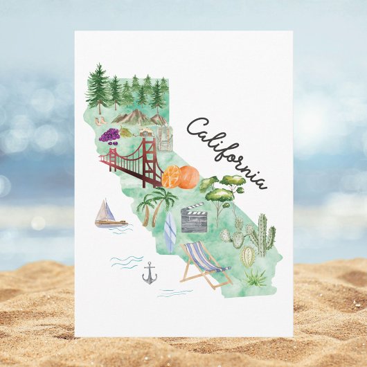 Watercolor California State Art Map Flat Greeting Karte
