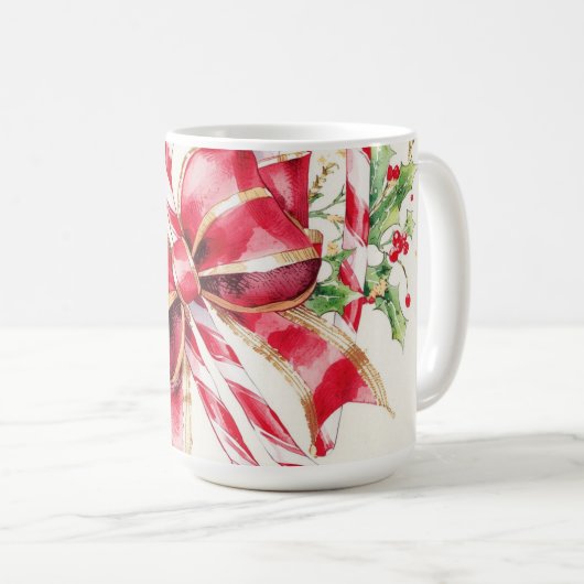 Watercolor Candy Cane Red Bow Holly Kaffeetasse (VorderseiteRechts)