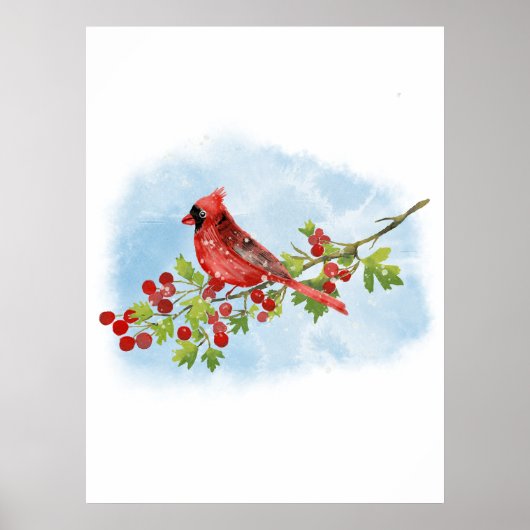 Watercolor Cardinal Bird on Berry Branch Poster (Vorne)