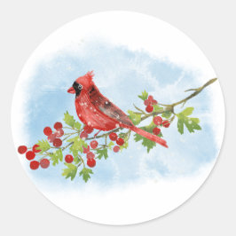 Watercolor Cardinal Bird on Berry Branch  Runder Aufkleber
