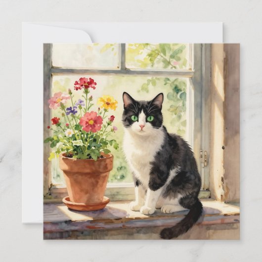 Watercolor Cat and Flower Themed Blank (Vorderseite)