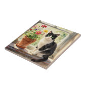 Watercolor Cat and Flowers on Window Sill Fliese (Seite)