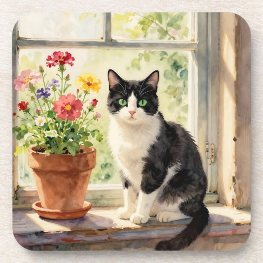 Watercolor Cat and Flowers on Window Sill Getränkeuntersetzer (Vorderseite)