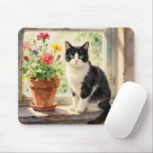 Watercolor Cat and Flowers on Window Sill Mousepad (Mit Mouse)