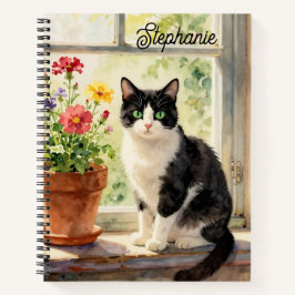 Watercolor Cat and Flowers on Window Sill   Notizblock