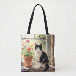 Watercolor Cat and Flowers on Window Sill Tasche