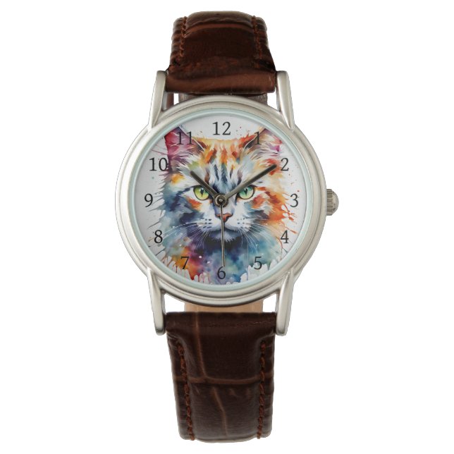 Watercolor Cat Multicolor Splash art Armbanduhr (Vorderseite)