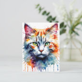 Watercolor Cat Multicolor Splash art Postkarte (Stehend Vorderseite)