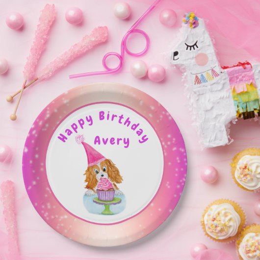Watercolor Cavalier King Charles Cupcake Birthday Pappteller (Party)