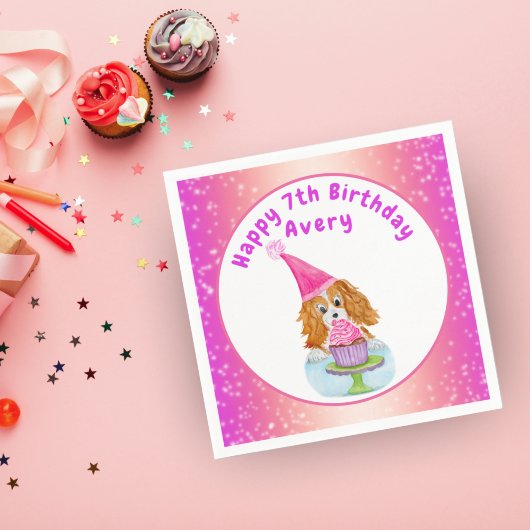 Watercolor Cavalier King Charles Cupcake Birthday Serviette