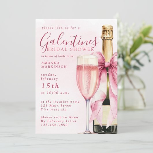 Watercolor Champagne Galentines Bridal Shower Einladung (Stehend Vorderseite)