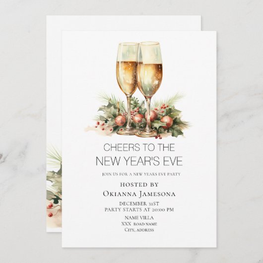 Watercolor Champagne New Year's Eve Party Einladung (Vorne/Hinten)