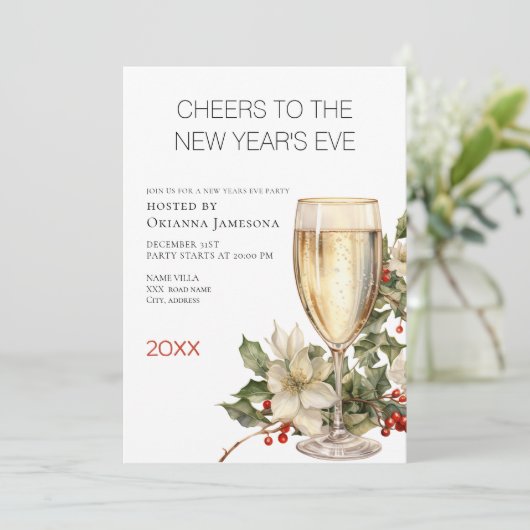Watercolor Champagne New Year's Eve Party  Einladung (Stehend Vorderseite)