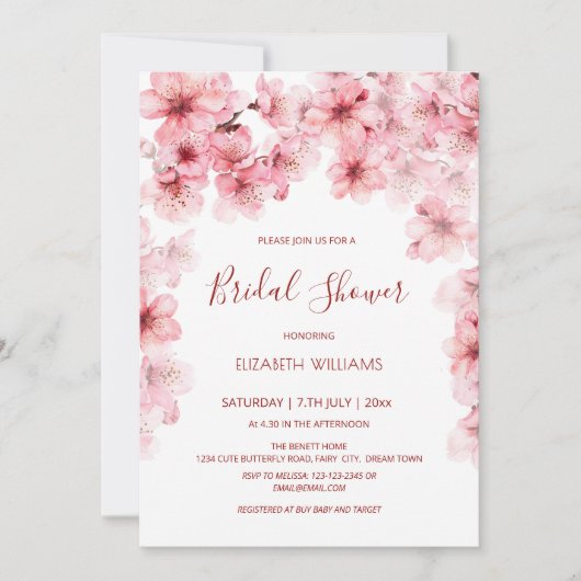  Watercolor Cherry Blossom Bridal Shower Einladung (Vorderseite)