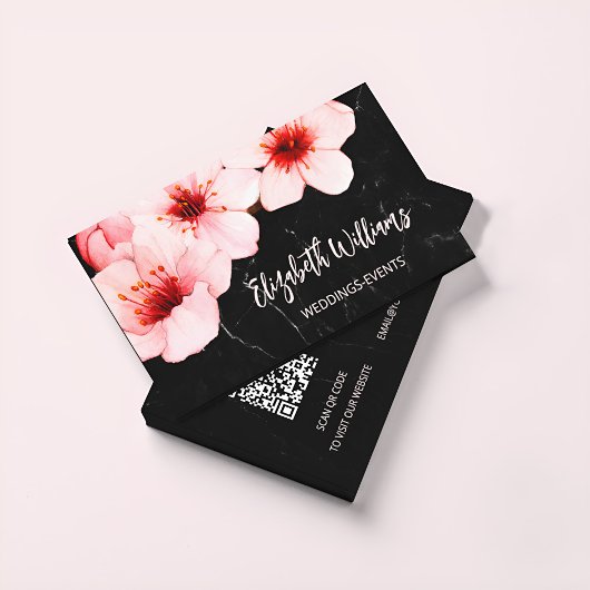 Watercolor Cherry Blossom Schwarzer Marmor | Qr Co Visitenkarte