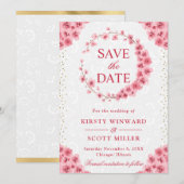 Watercolor Cherry Blossoms Wreath Wedding Save The Date (Vorne/Hinten)