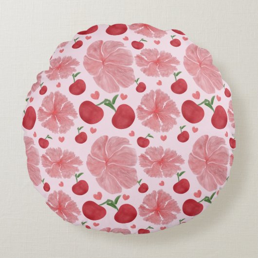 Watercolor Cherry Floral Pattern, Cute Cherries  Rundes Kissen (Vorderseite)