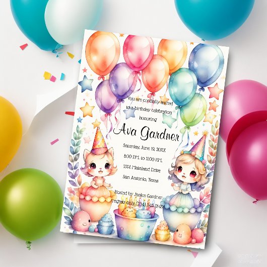 Watercolor Chibi Birthday Einladung