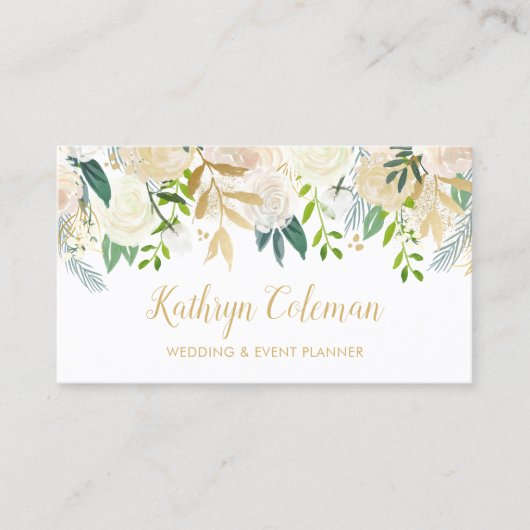 Watercolor Chic Floral Gold Hochzeitsplaner Visitenkarte (Vorderseite)