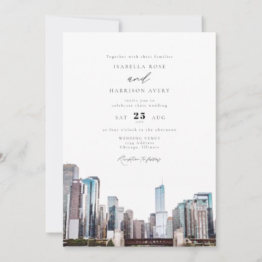 Watercolor Chicago Skyline Wedding Einladung (Vorderseite)
