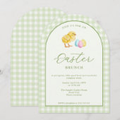 Watercolor Chick And Eggs Green Easter Brunch Einladung (Vorne/Hinten)