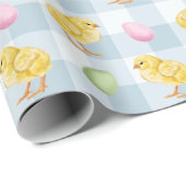 Watercolor Chick And Eggs On Blue Gingham Pattern Geschenkpapier (Rolleneckpunkt)