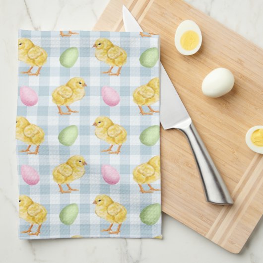 Watercolor Chick And Eggs On Blue Gingham Pattern Geschirrtuch (Viertel Falte)