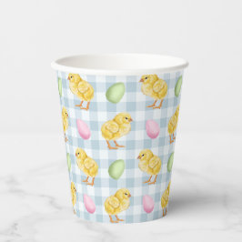 Watercolor Chick And Eggs On Blue Gingham Pattern Pappbecher