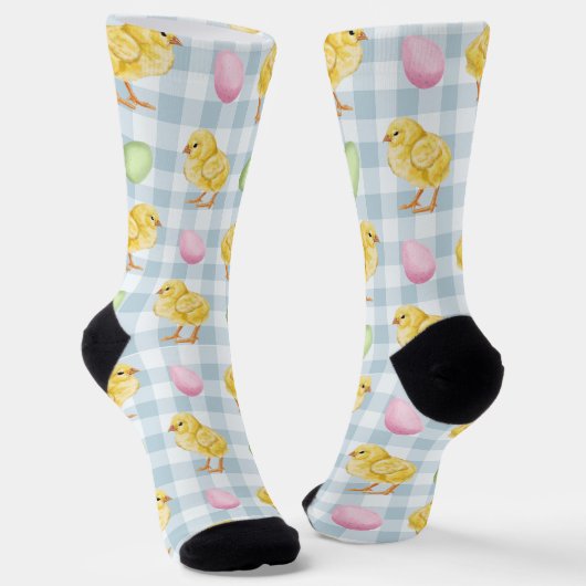 Watercolor Chick And Eggs On Blue Gingham Pattern Socken (Gewinkelt)