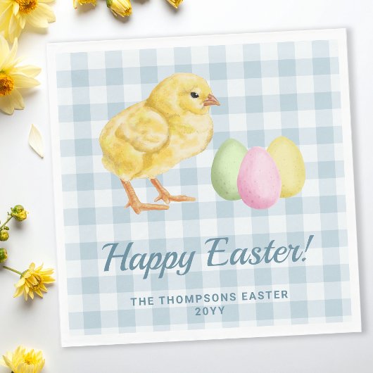 Watercolor Chick And Eggs On Blue Happy Easter Serviette