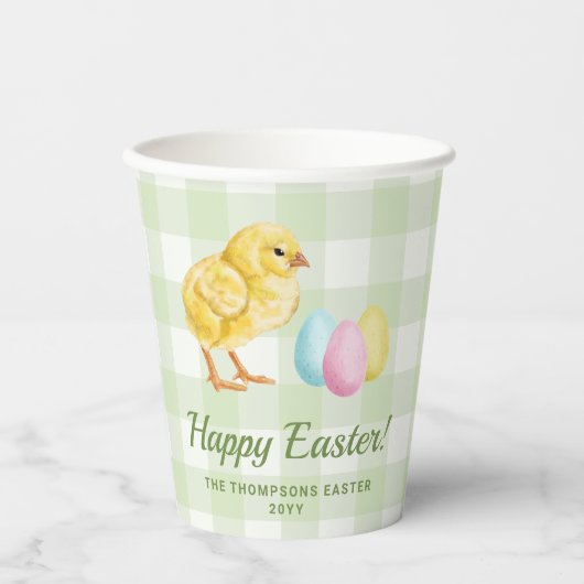 Watercolor Chick And Eggs On Green Happy Easter Pappbecher (Vorderseite)
