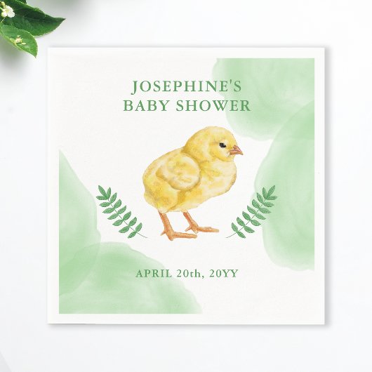 Watercolor Chick And Green Leaves Baby Shower Serviette