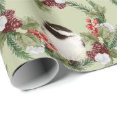 Watercolor Chickadee Bird Christmas Wreath Geschenkpapier (Rolleneckpunkt)