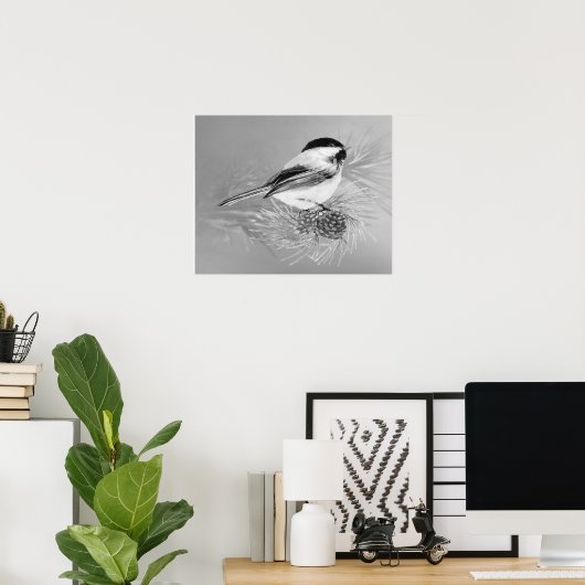 Watercolor Chickadee Bird Pine Cone Nature Art Poster (Heimbüro)