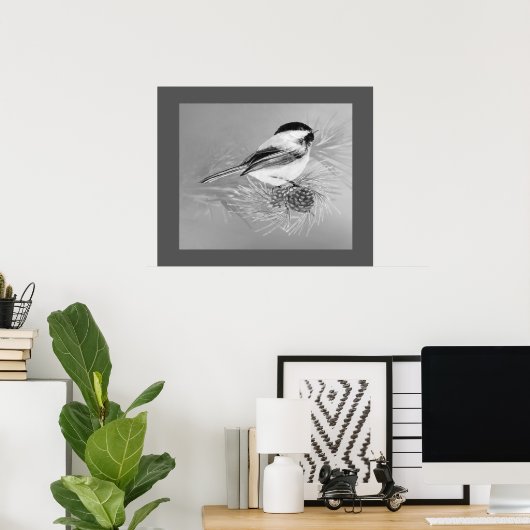 Watercolor Chickadee Bird Pine Cone Nature Art Poster (Heimbüro)
