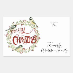 Watercolor Chickadee Birds Frohe Weihnachtsfeier Rechteckiger Aufkleber