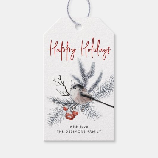 Watercolor Chickadee Happy Holidays Rotes Geschenk Geschenkanhänger (Vorderseite)