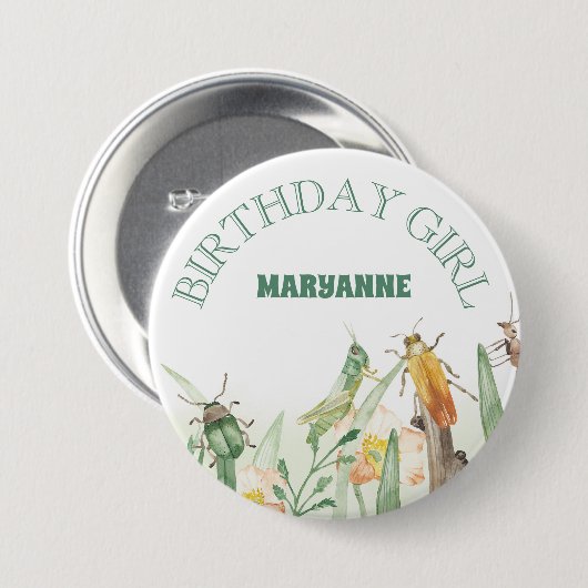 Watercolor Child's Bug Insect Birthday Girl Button (Vorne & Hinten)