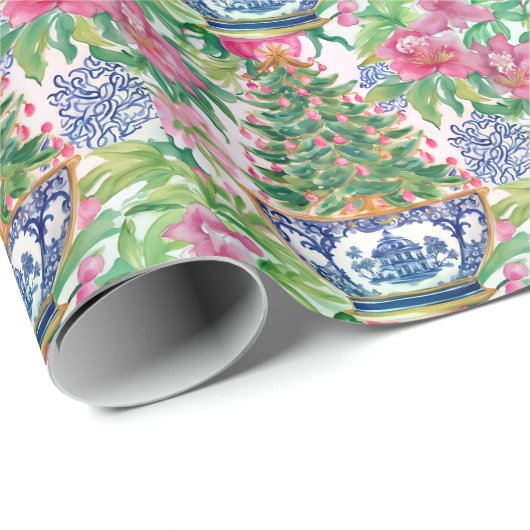 Watercolor Chinoiserie Ginger Jar Weihnachtsbaum Geschenkpapier (Rolleneckpunkt)