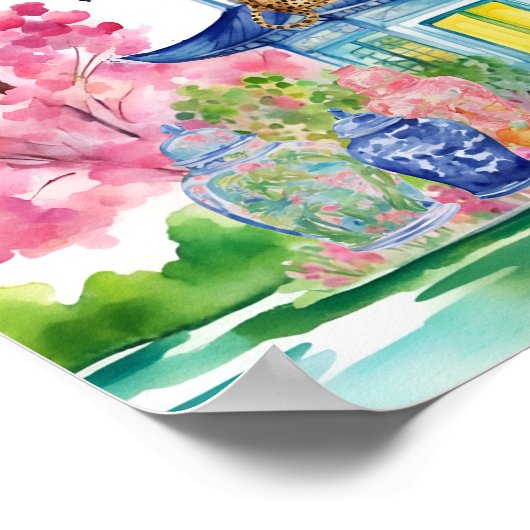 Watercolor Chinoiserie Pagoda Cheetah Ginger Jar Poster (Ecke)