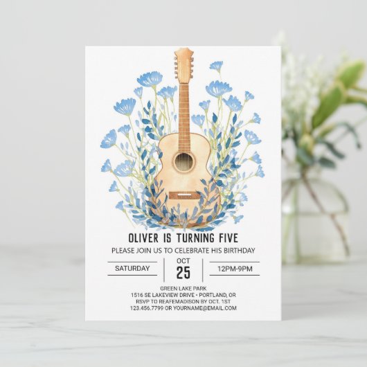 Watercolor Chord Guitar Boy Birthday Einladung (Stehend Vorderseite)