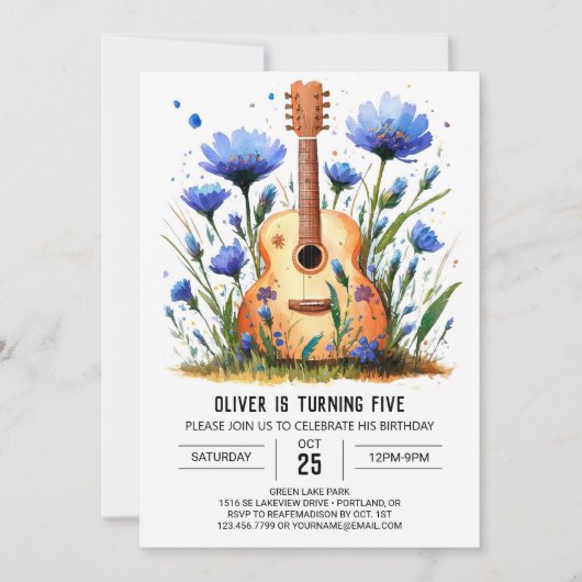 Watercolor Chord Guitar Boy Birthday Einladung (Vorderseite)
